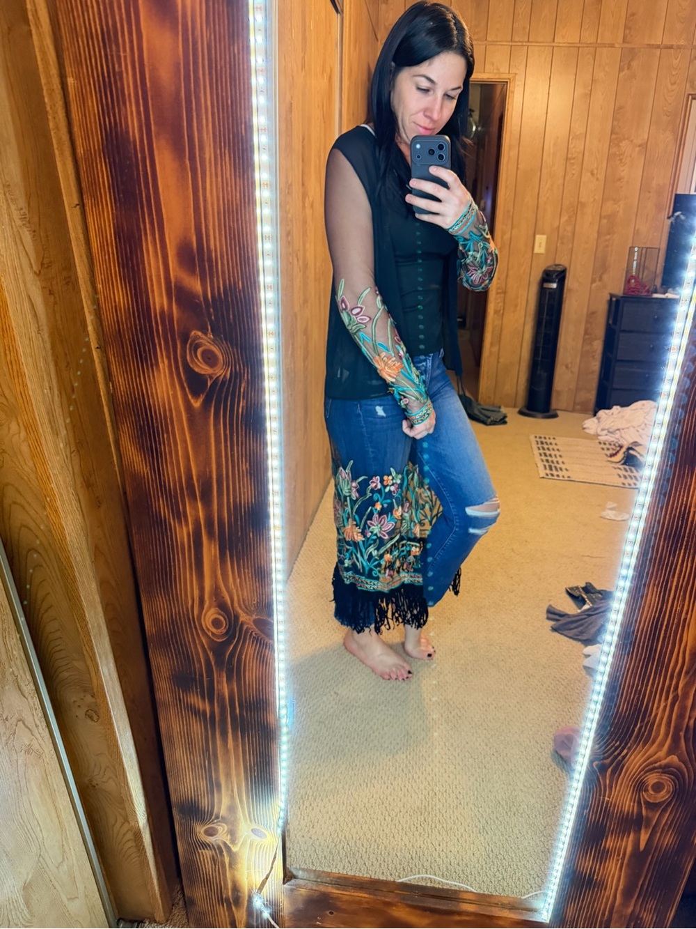 Sheer Black Floral Embroidered Kimono Duster with Fringe